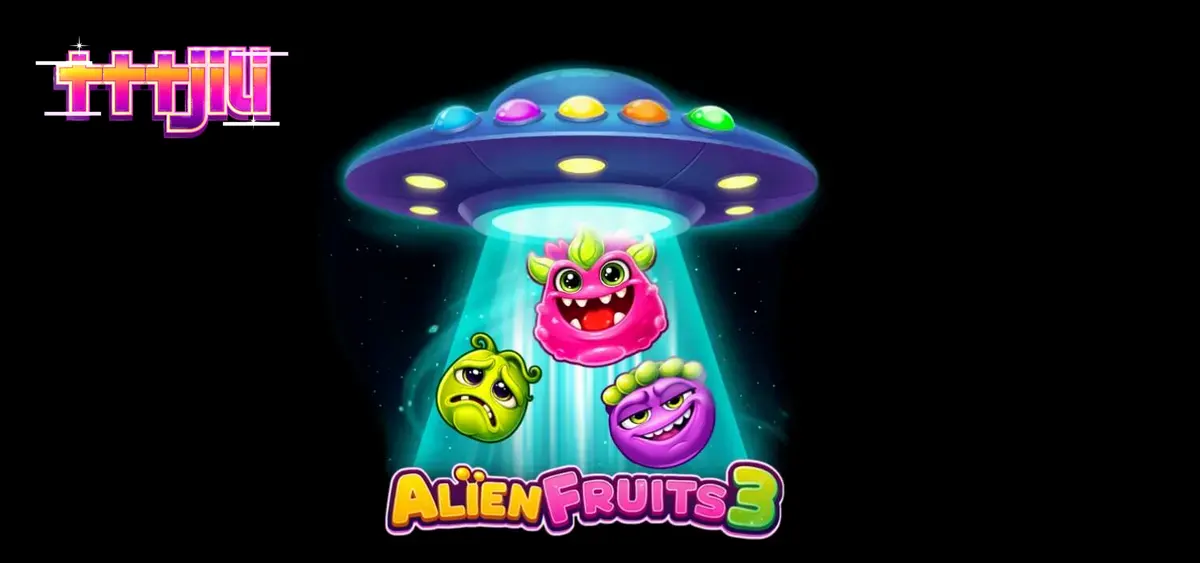 Makulay na grid ng Alien Fruits 3 na may mga neon na prutas at alien na simbolo.